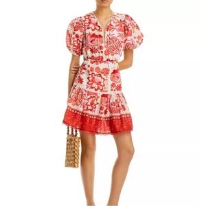 Farm Rio Tiles Off Red and White Puff Sleeve Dress